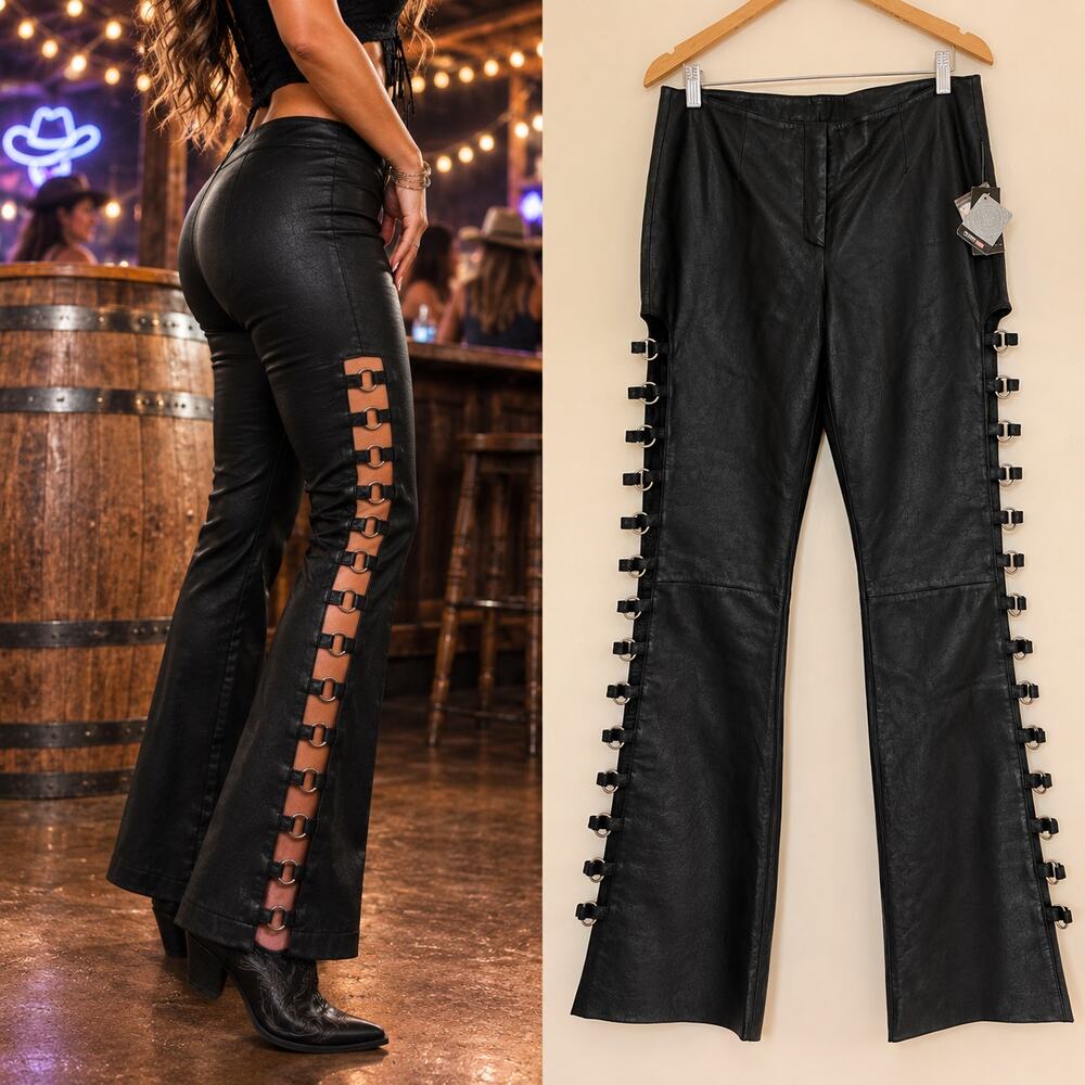 NWT 12 Wilson’s Leather Y2K Black Genuine Ring Cutout Bootcut Rock Biker Pants